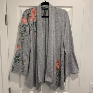 INC Women’s Gray Embroidered Cardigan Floral Sleeves Size Large NWT